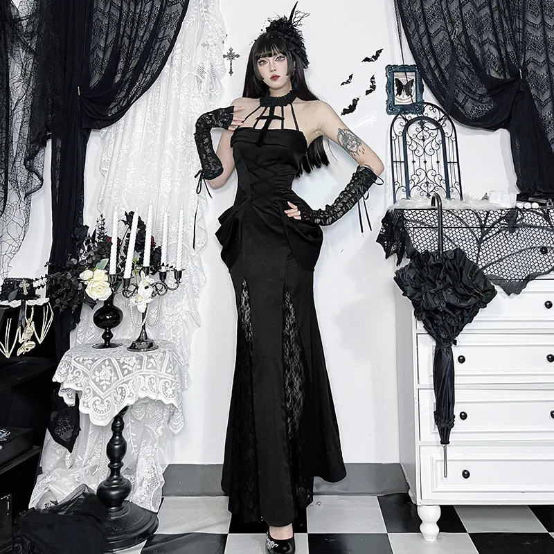 Leichtes Gothic-Stil Spitzen-Maxikleid mit Neckholder, Halloween-Kostüm, Unisex-Kulturkleid mit Gürtel, mittelhoher Taille, aus Verbundstoff