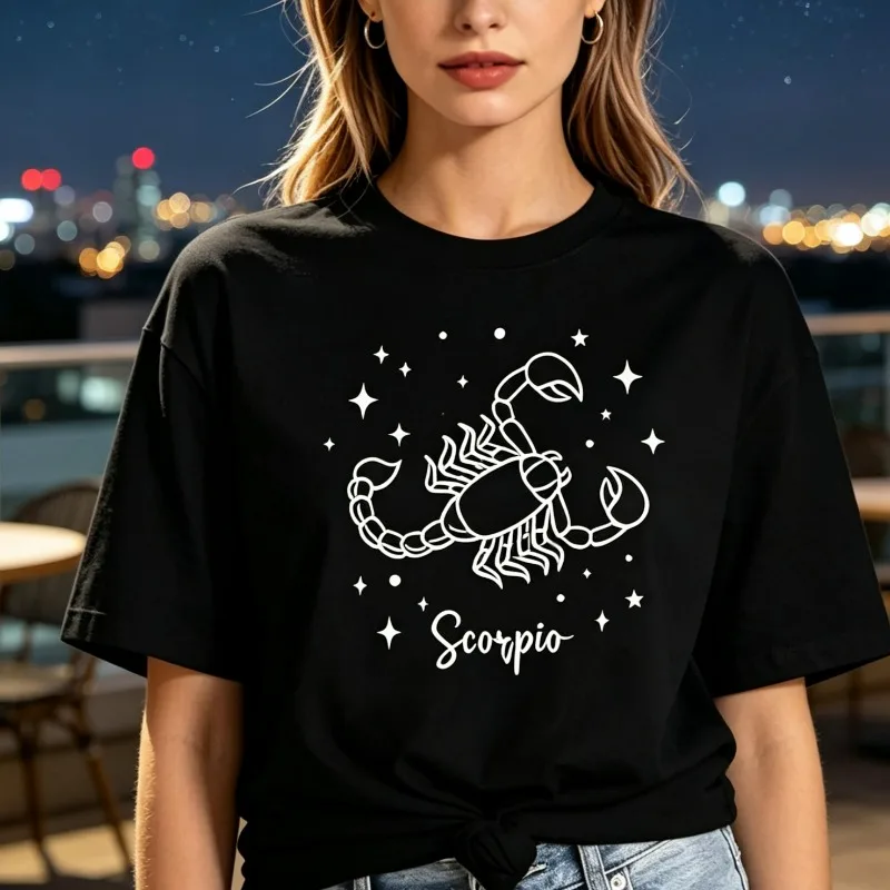 Scorpio Scorpio Zodiac Sign Graphic T-Shirt Women Astrology Line Art Print Tee 100% Cotton Casual Loose Short Sleeve Top