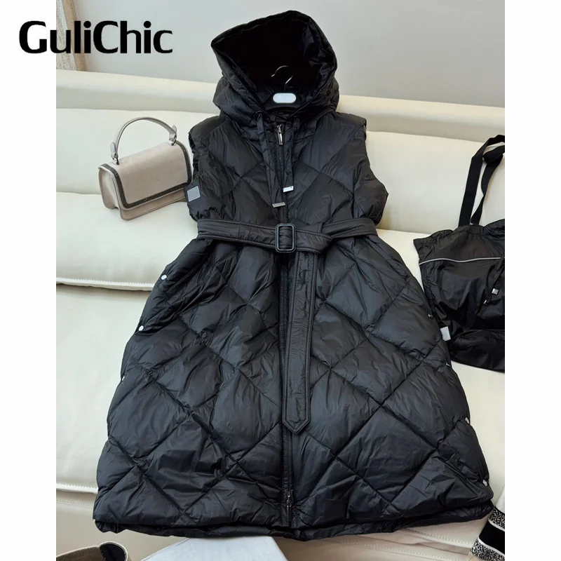 Gulichic-女性用のチェック柄のロングダウンベスト、ファッション、保温、フード付き、ジッパー、サイドボタン、スプリット、ベルト付きノースリーブコート、9.13