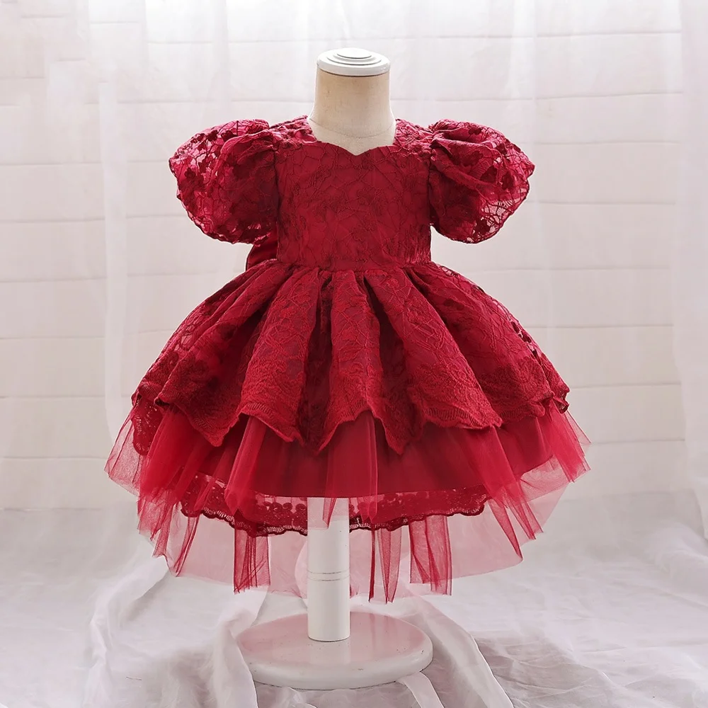 

2024 Princess Skirt Puffed Sleeve Train Baby Girl's First Birthday Dress Girls Ball Gown Casual Dresses