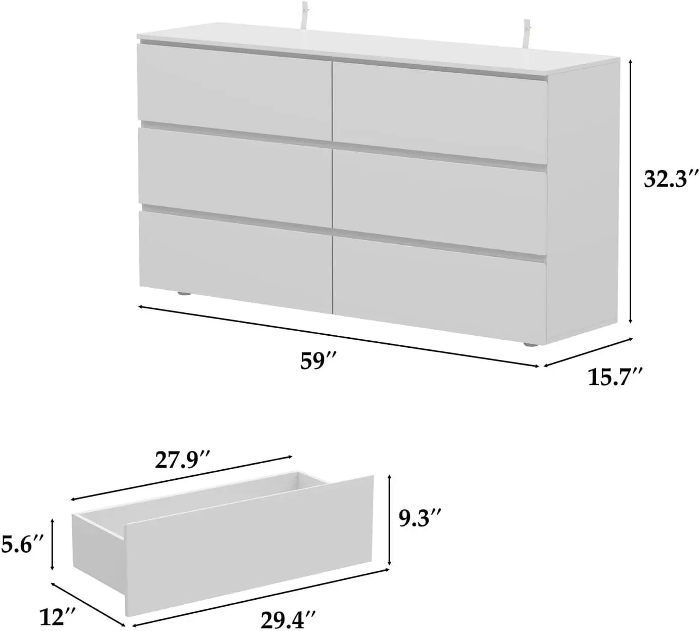 White Dresser No Handles, 6 Drawer Dresser with Wide Storage, Modern Contemporary 6-Drawer Chest, White Dresser for Bedroom (59”