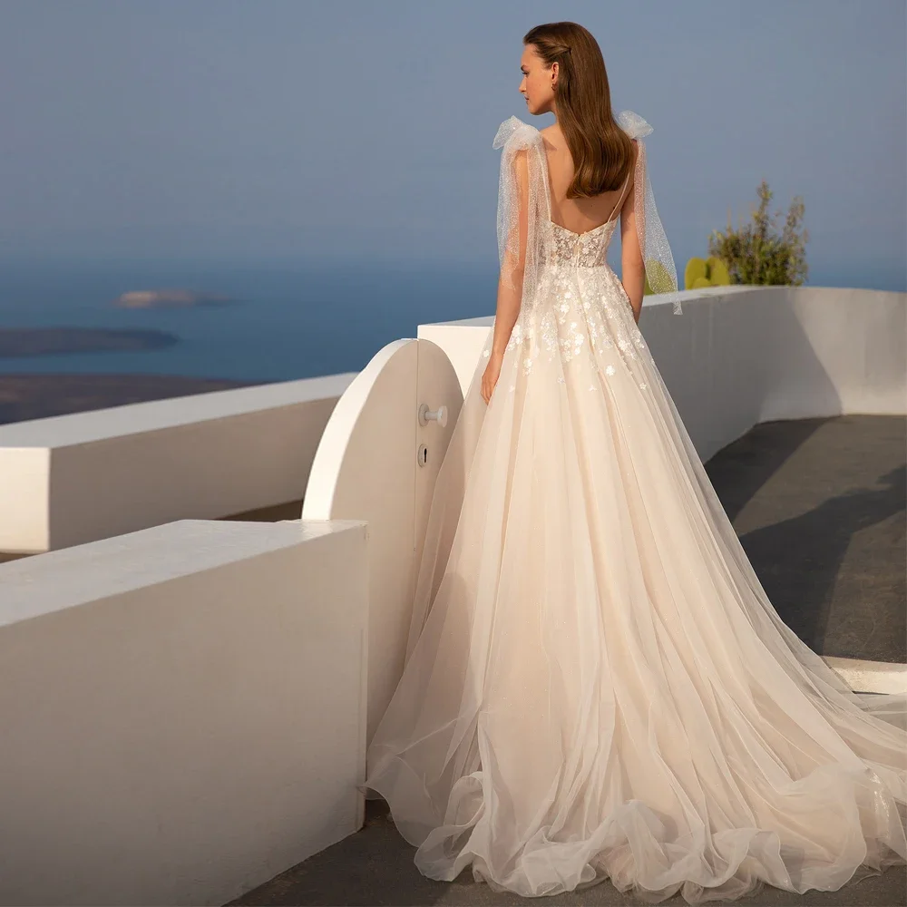 Sexy A-Line Wedding Dresses Spaghetti Strap Sweetheart Neck Bridal Growns Applique Floral Customized Illusion Vestidos De Novia