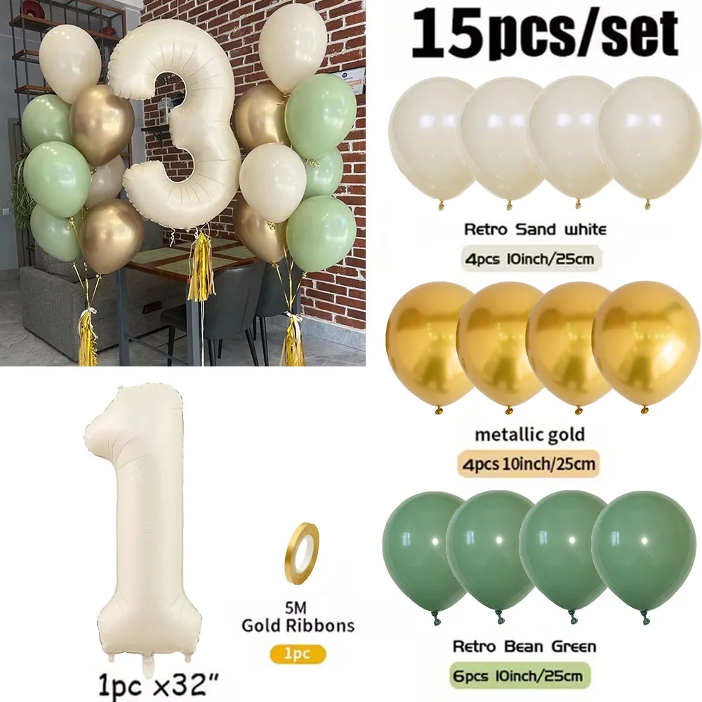 15pcs Cream Color Number Foil Balloons Birthday Party Decorations Kids Boy Girl 1 2 3 4 5 6 7 8 9 Year Old Decor Globos Supplies