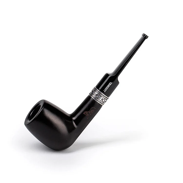 LUBINSKI Bent Straight Style Ebony Pipe Wooden 9MM Tobacco Pipe Silver Round Decoration with Pipe Bag Smoke Accessories