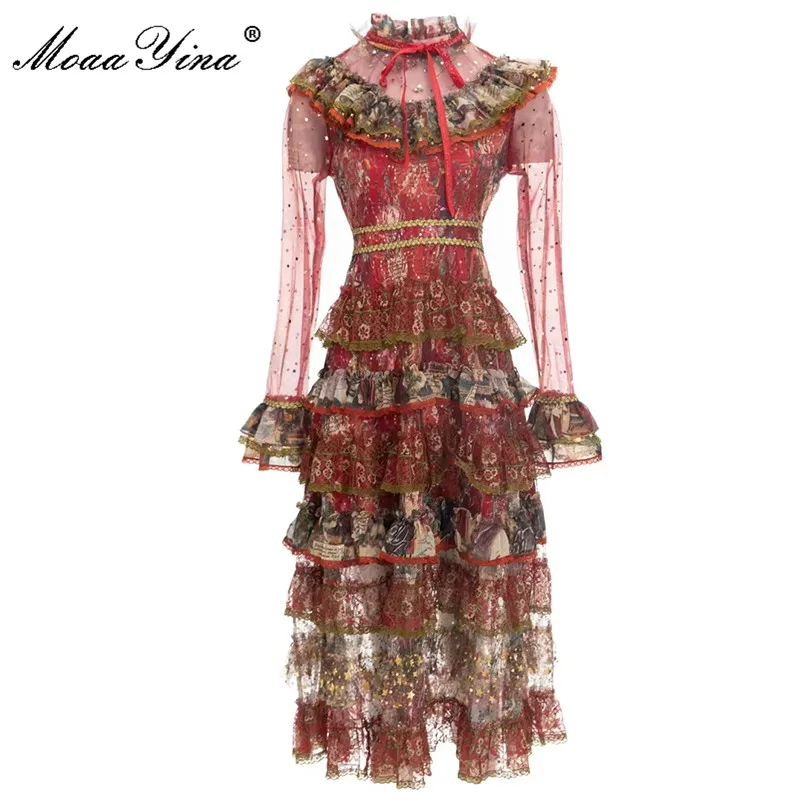 MoaaYina Fashion Runway dress Autumn Women's Dress Flare Long Sleeve Lace Cascading Ruffles Printed Vintage Red Cake Dress