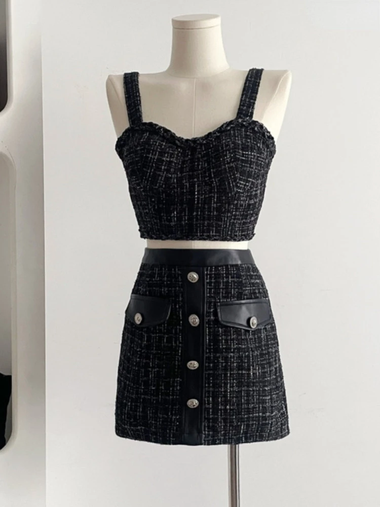 2023 Summer Elegant Sexy Tweed 2 Pcs Women Short Tank Crop Top + A-line Skirt Vintage Two Piece Skirt Suits Outfits Streetwear