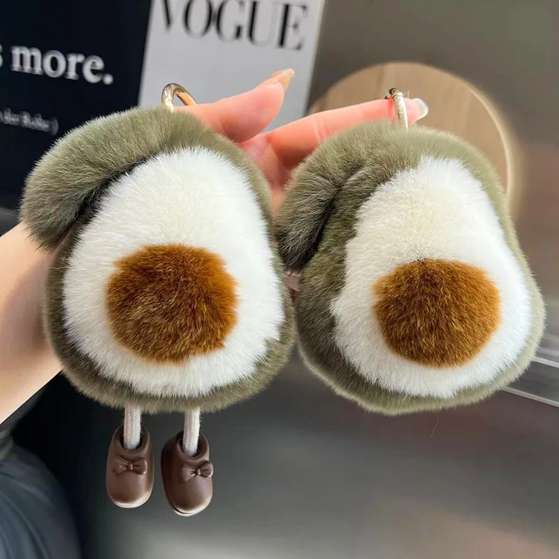 Real Raccoon Rabbit Fur Cute Avocado Car Keychain Pendant Ins Popular Plush Ball Backpack Charm Gift