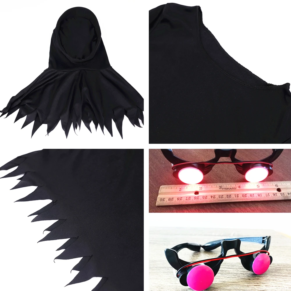 Grim Reaper Robe-kostuums voor kinderen met gloeiende rode ogen en zeis Death Cosplay Griezelig Cool Halloween-kostuums Lichtgevende kleding