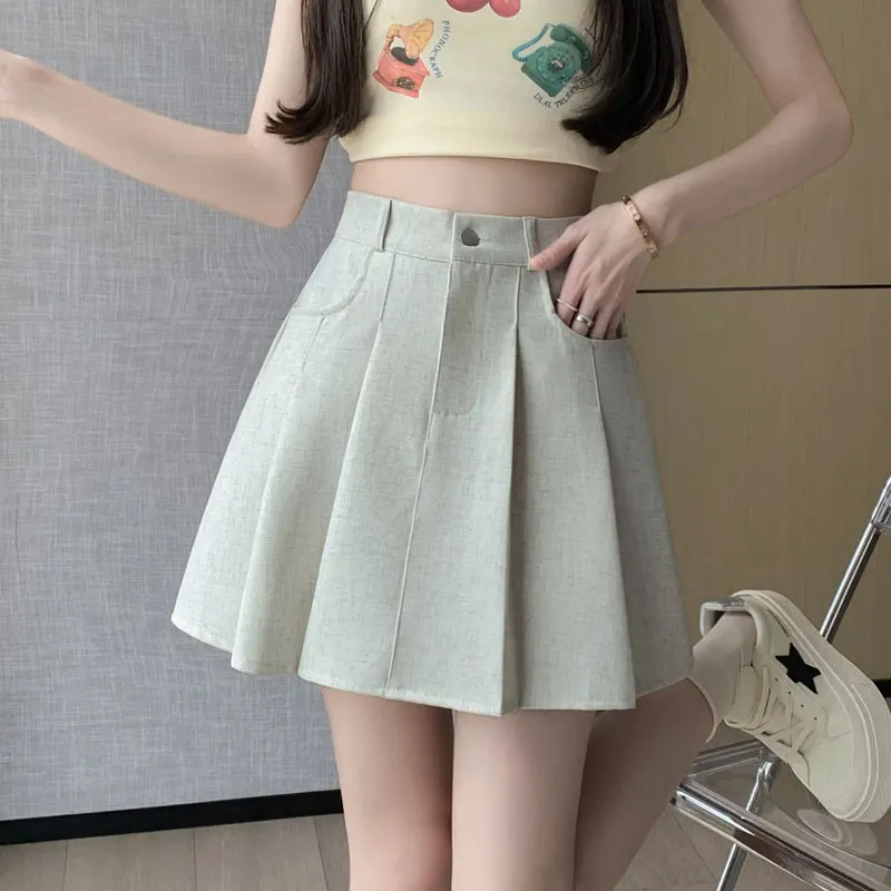 Summer New High Waist Pleated Skirt for Women's Slim Appearance High Waist American Academy Style A-line Short Skirt Half skirt