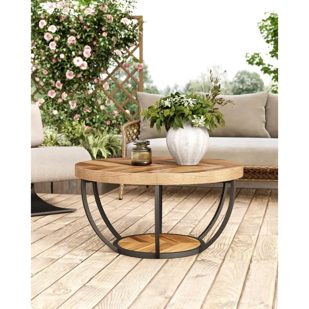 Round Coffee Table, 32 Inch Round Coffee Table for Living Room, 2 Tier Wood Decorative Center Table, (Wood Grain & Black)