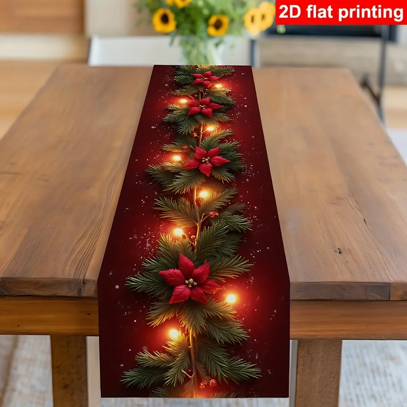 2D Flat Wine Red Pine Branch Warm Light String Lights Printed Table Runner, Christmas Snowflake Pine Needle Floral Table Runner