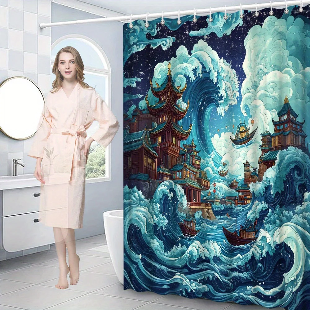 

1pc Anime Style Digital Illustration Night Cityscape Shower Curtain Majestic Pagodas Turbulent Waves 12 Hooks 70*70 Inches