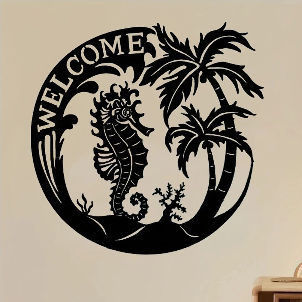 Coastal Welcome Sign Sea Life Pattern Beach Theme Indoor Decoration Living Room Mural Sea Turtle Accent