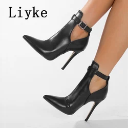 Liyke Autumn Winter Fashion Buckle Strap Ankle Boots For Women Sexy Pointed Toe Party Stripper High Heels Ladies Shoes Booties