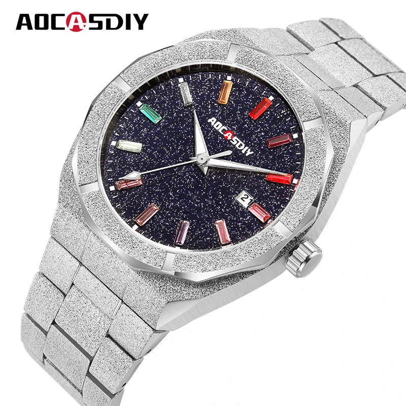 2026 Luxury Men Watches Quartz Wristwatch Star Dust Dial Frosted Diamond Date Male Clock with Luminous Hands Relogio Masculino