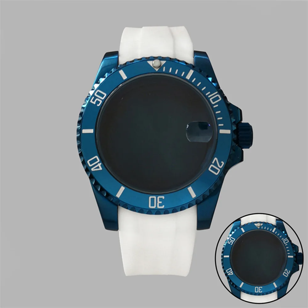 White Silicone Watch Strap 40MM Sapphire Glass Electroplated Blue SUB Watch Case Modification Kit for NH35/NH36 Movement