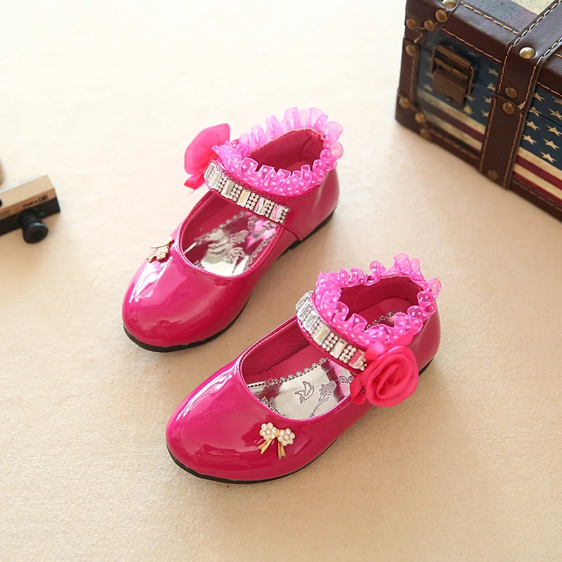 J Ghee Spring Autumn New Fashion Girls Shoes Patent PU Leather Rhinestone Beading Floral Lace Princess Kids Single Shoes 4 Color