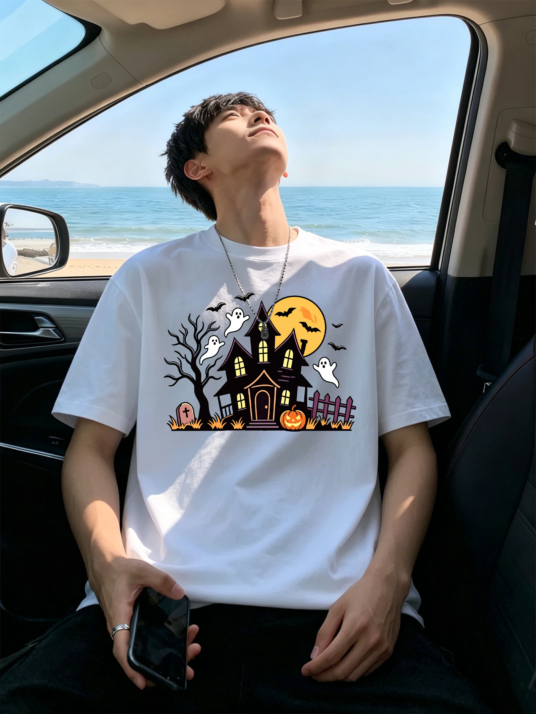 Haunted House Halloween Printed Men Daily Street T Shirt Cotton O-Neck T-Shirt Summer Loose Clothes All-Match Jogging Streetwear