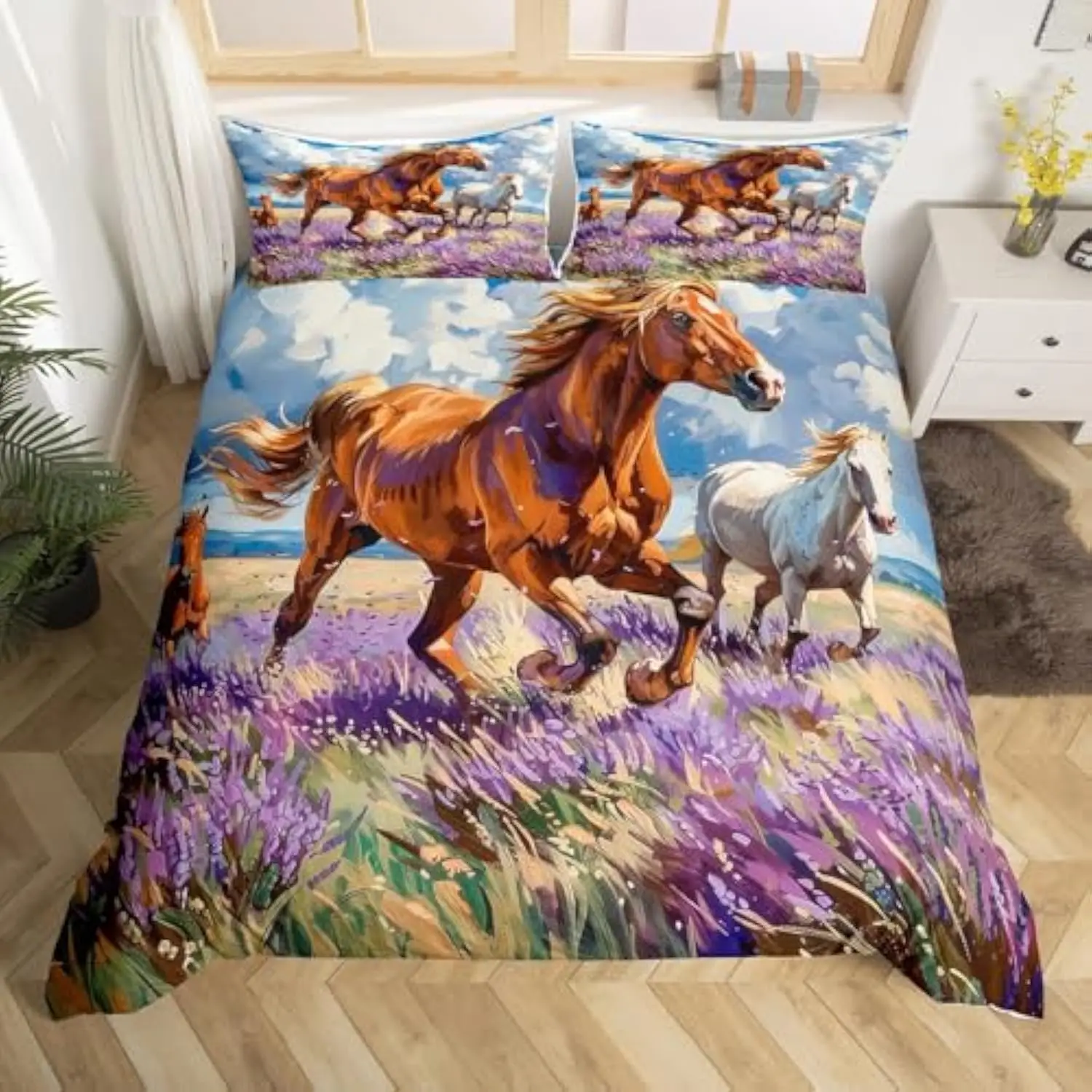 

Комплект постельного белья с 3D-принтом «Конь на свободе» — пододеяльник с изображением скачущего коня на лугу для любителей конного спорта и подростков, полиэстер