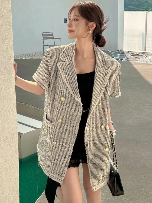 Zomer Nieuwe Sle vrouwen Dr Dubbele Rij Knop Grof Tweed Geweven ort Rok Gemengde Kleur Hoge Faion Sensation Pendelen Sle