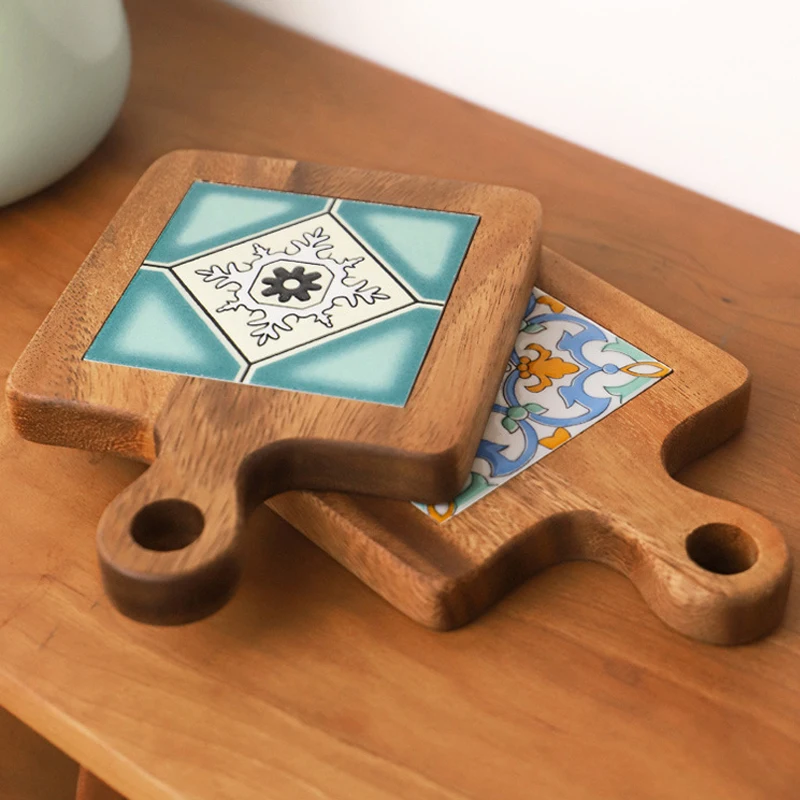 

Retro Japanese Style Ceramic Heat Resistant Pot Holder with Handle Wooden Tile Patterned Soup Pot Stove Pot Lid Coaster
