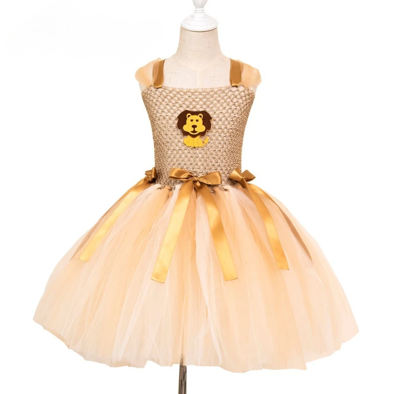 Girls' Cartoon Lion Tulle Tutu Dress, Hand-Tied Korean Style Ribbon Tulle Princess Dress, Kids' Outfit for Halloween & Birthday