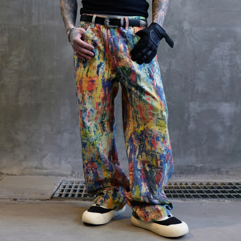 Fashionable color design jeans, men's personality, hip-hop trend, American street style loose wide leg, floor length denim pants