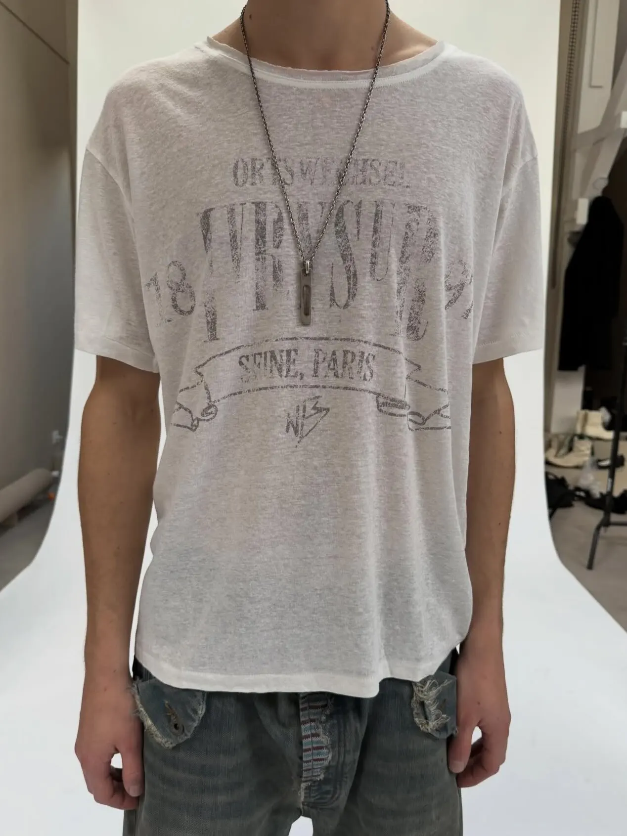 No Faith StudiosIVRY Printed Vintage Textured Gray White Bamboo Pattern Lazy Short Sleeve T-Shirt
