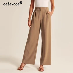 Pantalon décontracté à jambes larges pour femmes, vêtement simple, style coréen, taille haute, droit, couleur unie, été