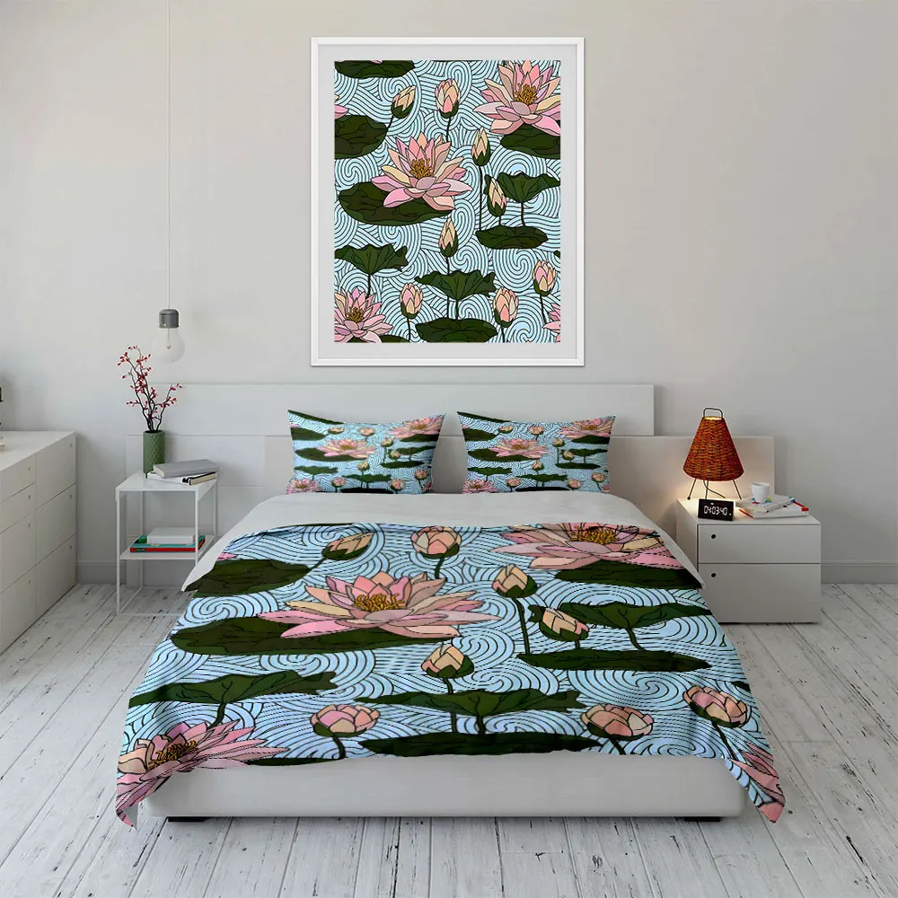 Artistic lotus and leaves Pattern Duvet Cover Set Digital Print Colorful Polyester Bedding with Zipper Closur for kids gifts