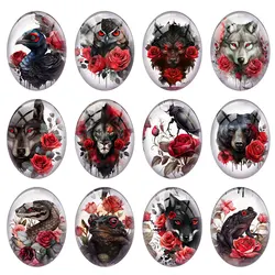 10pcs/lot Halloween Gothic Red Black Flower Owl Wolf Snake Oval Photo Glass Cabochon Flatback Demo Cameo Diy Jewelry Making
