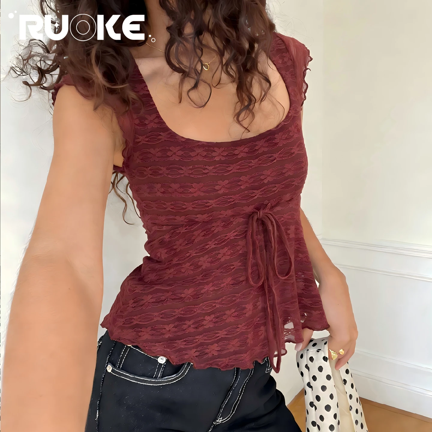 

[RUOKE] French Romantic Tank Top For Women Spring Summer Lace Tie Front Slim Fit Tops Going Out Date Night Festival Outfits Chic
