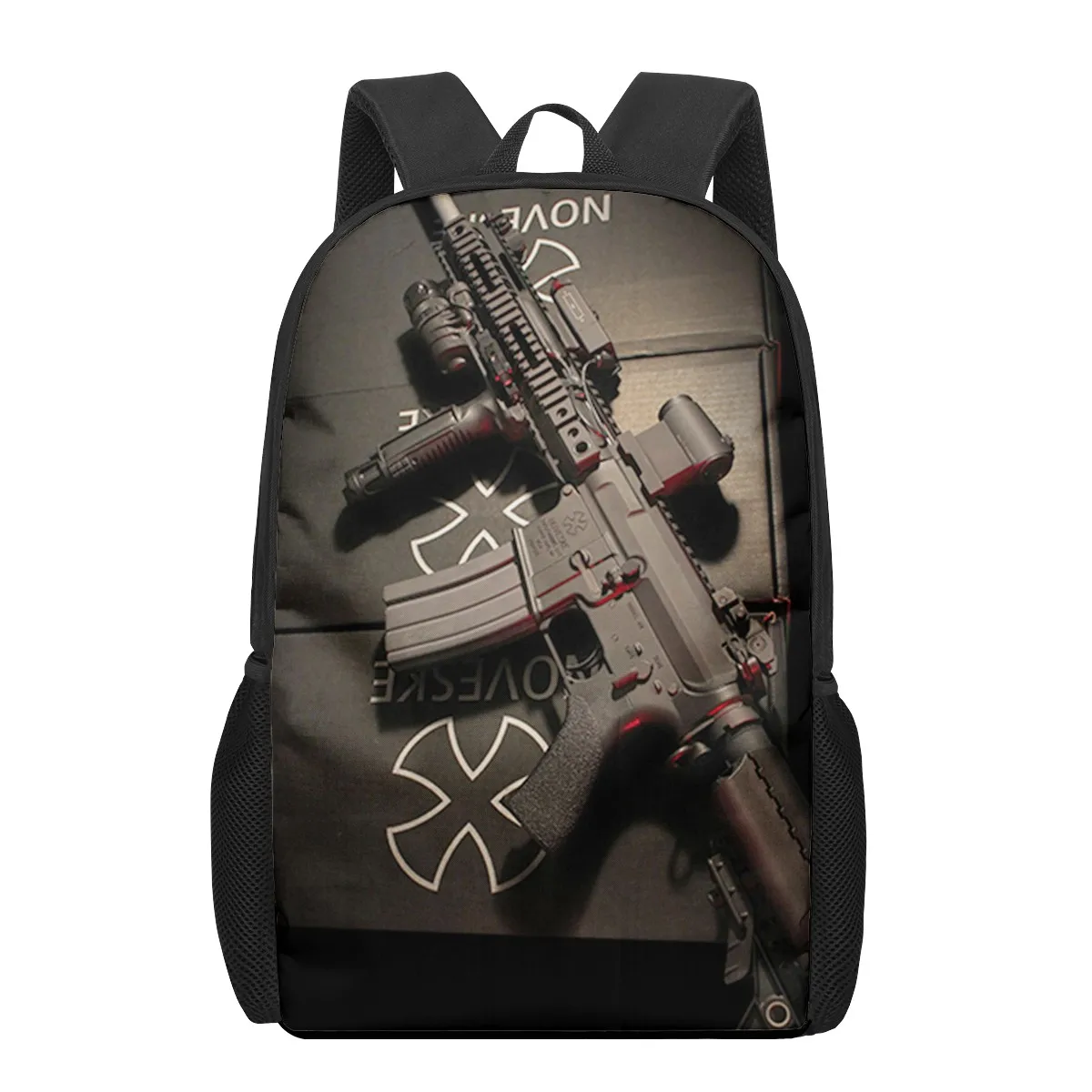 Sac à dos d'école imprimé fusil de poing pour garçons et filles, sac de livre pour adolescents, sacs initiés décontractés, sac de voyage, AK47, 16 pouces