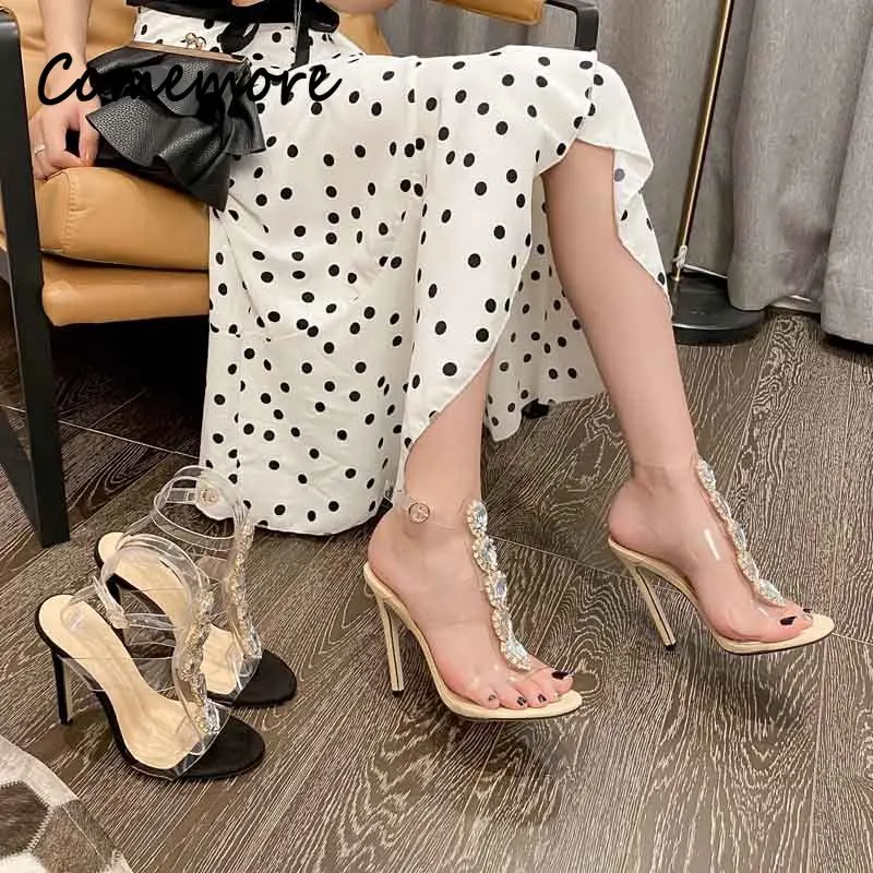 2024 Sweet Style Rhinestone Decoration Pointed Toe Thin High Heel Women Luxury Party Shoe Fashion PVC Ankle Buckle Strap Sandals