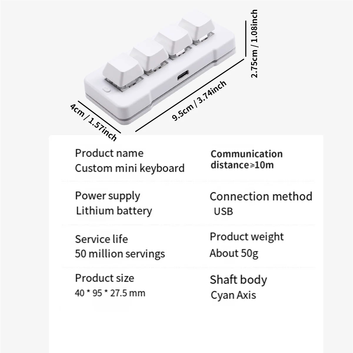 Popular MK424U Mini teclado personalizado de 4 teclas con interruptor mecánico azul Conexión USB para juegos de oficina Multimedia Blanco