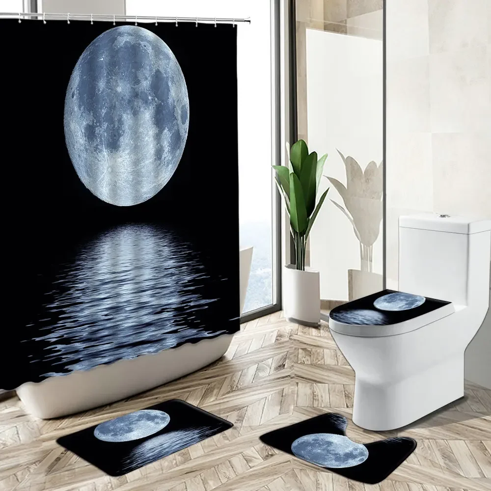 Ocean Night View Shower Curtain Wave Boat Natural Landscape Photography Non-Slip Pedestal Rug Toilet Cover Bathroom Decor Set