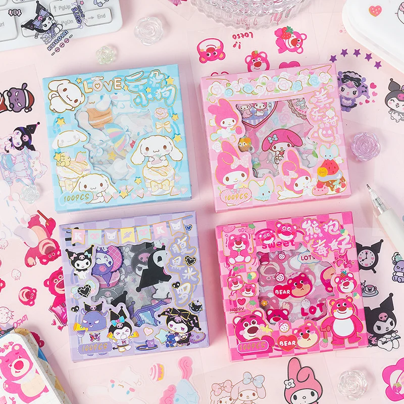 4 box/lot Sanrio Melody Kuromi Cinnamoroll Stickers Cute Scrapbooking DIY Diary Decorative Sticker Album Stick Label