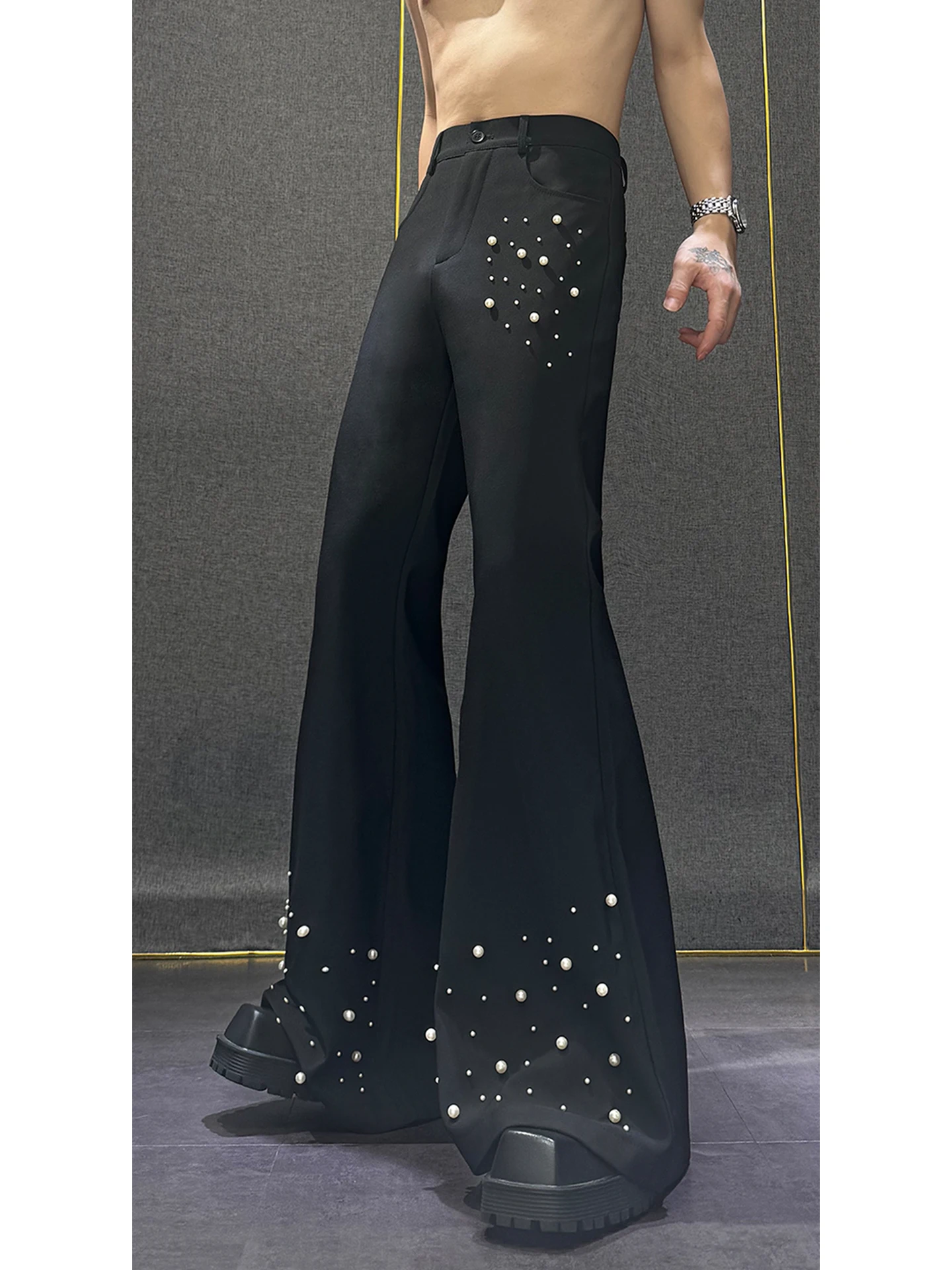 2025 Fashion Trend Design Pearl Decor Flared Trousers High-end Stylish Loose Casual Black Pants for Men