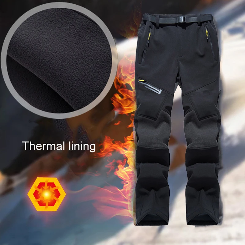 

Men And Women Winter Waterproof And Windproof Outdoor Hiking Pants, Wool Soft Shell Skiing Pants With 4 Zipper Pockets