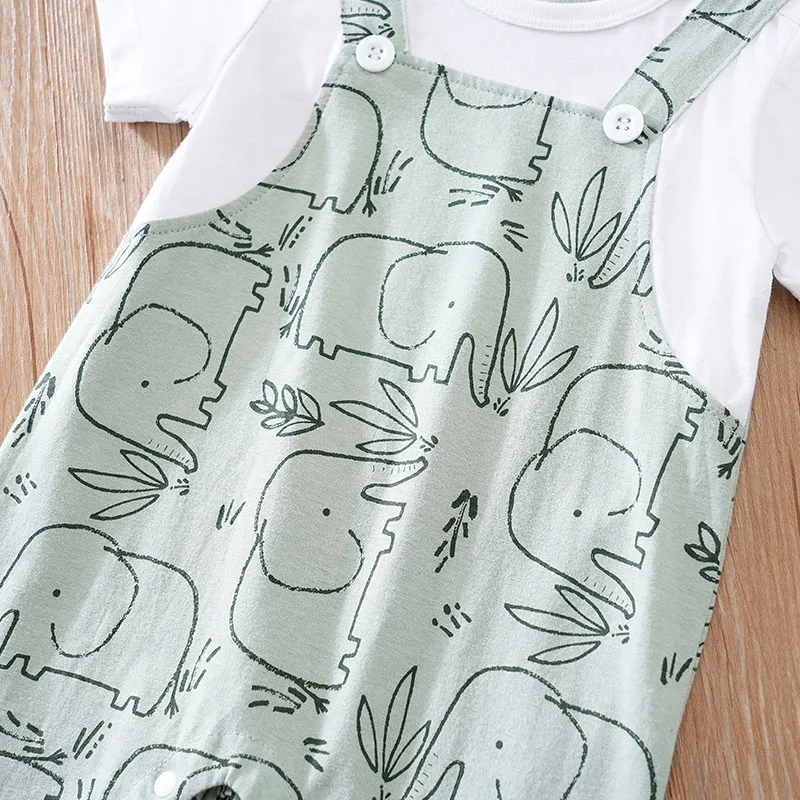 Summer Newborn Boys And Girls Cute Cartoon Strap Elephant Print Cotton Comfortable Short Sleeve Bodysuit