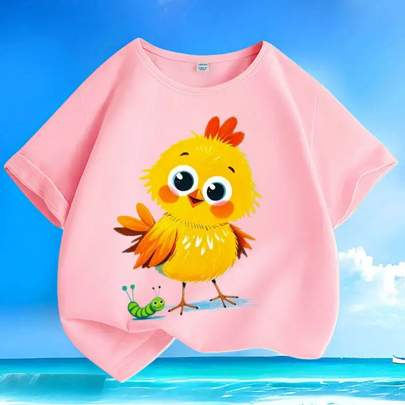 Cute Chicken Cartoon Student Children's Short Sleeved Pure Cotton Round Neck Versatile Sweat Absorbing Parent-child Shirt