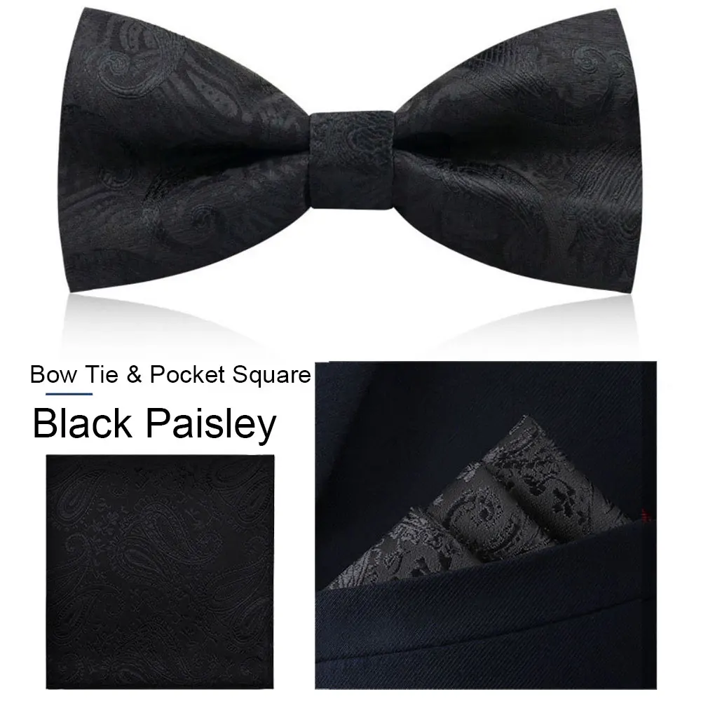 Paisley printed bow tie pocket square set for groom and groomsmen wedding business matching formal wear