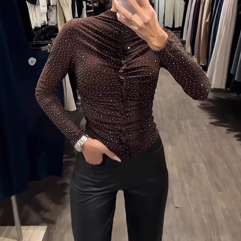 

Sexy Shiny Party Nightclub Comfortable Tops NEW Sequin Elastic T-shirt Stylish Long Sleeved Half High Neck Ruched Pullover