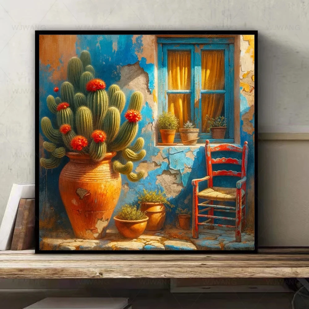 

Vintage Mediterranean Style Cactus Potted Canvas Painting Colorful Landscape Wall Art Posters Prints Living Room Farmhouse Decor