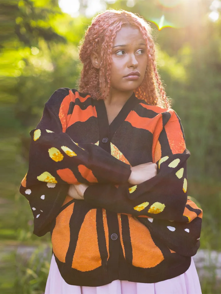 

2026 New Spring Butterfly Shaped Knitted Cardigan For Women V Neck Crochet Cape Knit Sweater Long Sleeve Single Breasted Coats