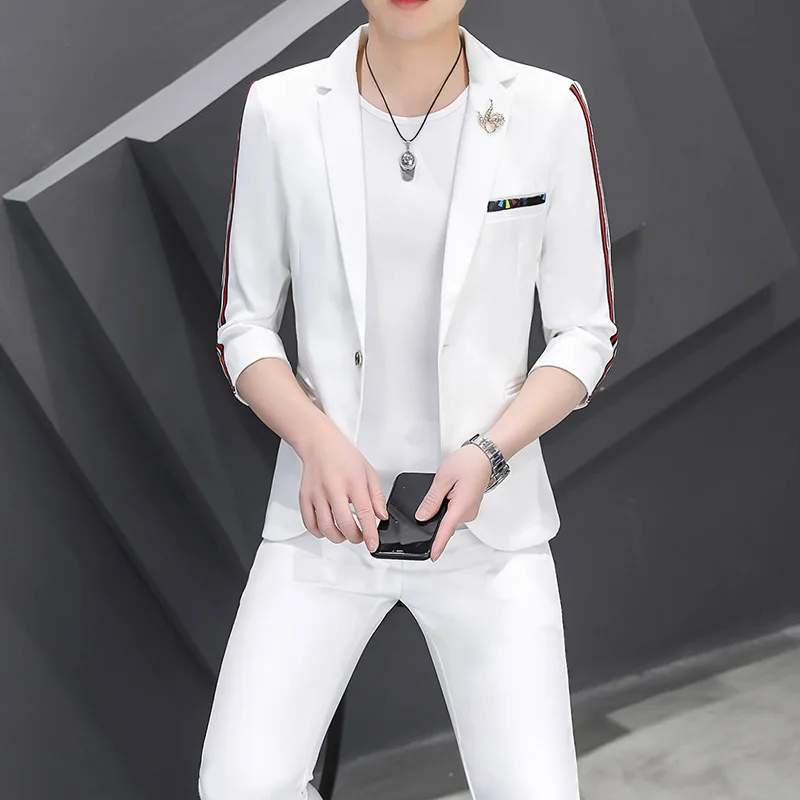 2024 Summer Suit (suit + Trousers) Korean Slim Mid-sleeved Casual Seven-point Sleeved Suit Fashion Handsome Two-piece Set  M-3XL