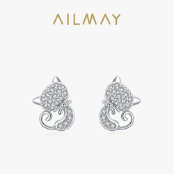 Ailmay Real 925 Sterling Silver Cute Cat Stud Earrings Charm Dazzling CZ Animal Earrings For Women Statement Fine Silver Jewelry