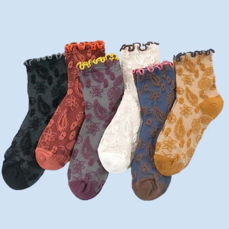 

3/6 Pairs Retro Confinement Long Socks Women's Lace Middle Tube 2024 New Fashion Wooden Ear Edge Pile Cute Loose Mouth Socks