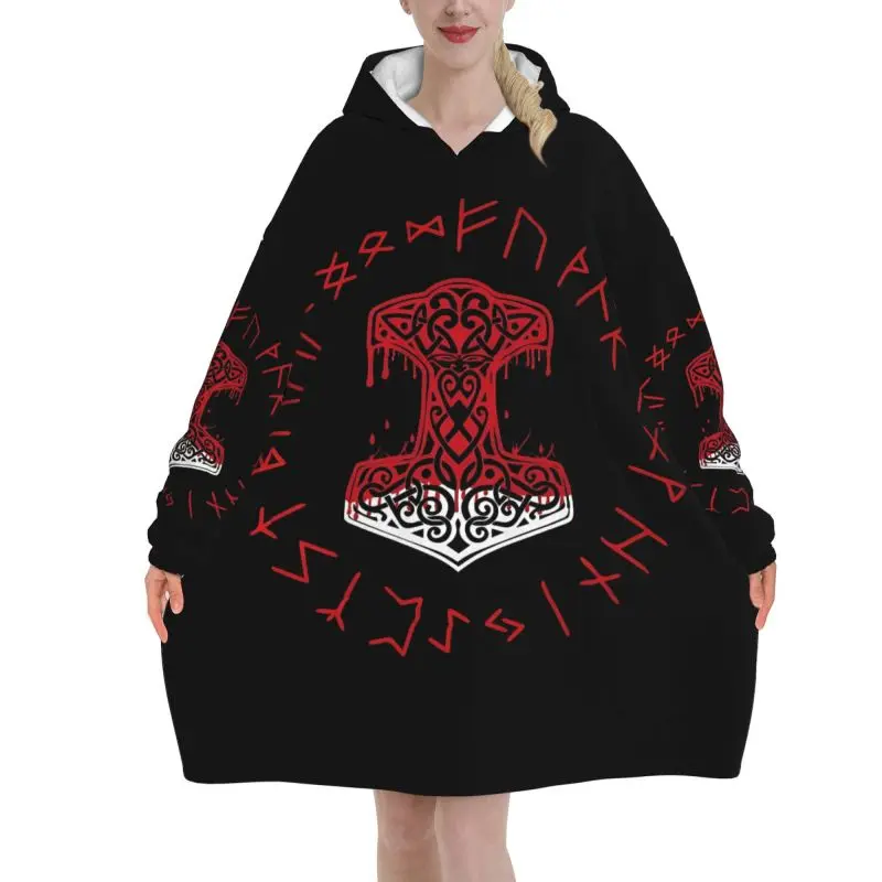 Red Viking Mjolnir and Norse Rune Wheel Wearable Blanket Hoodie Women Oversized Pullover Sweatshirt Fleece Sherpa Hooded Blanket