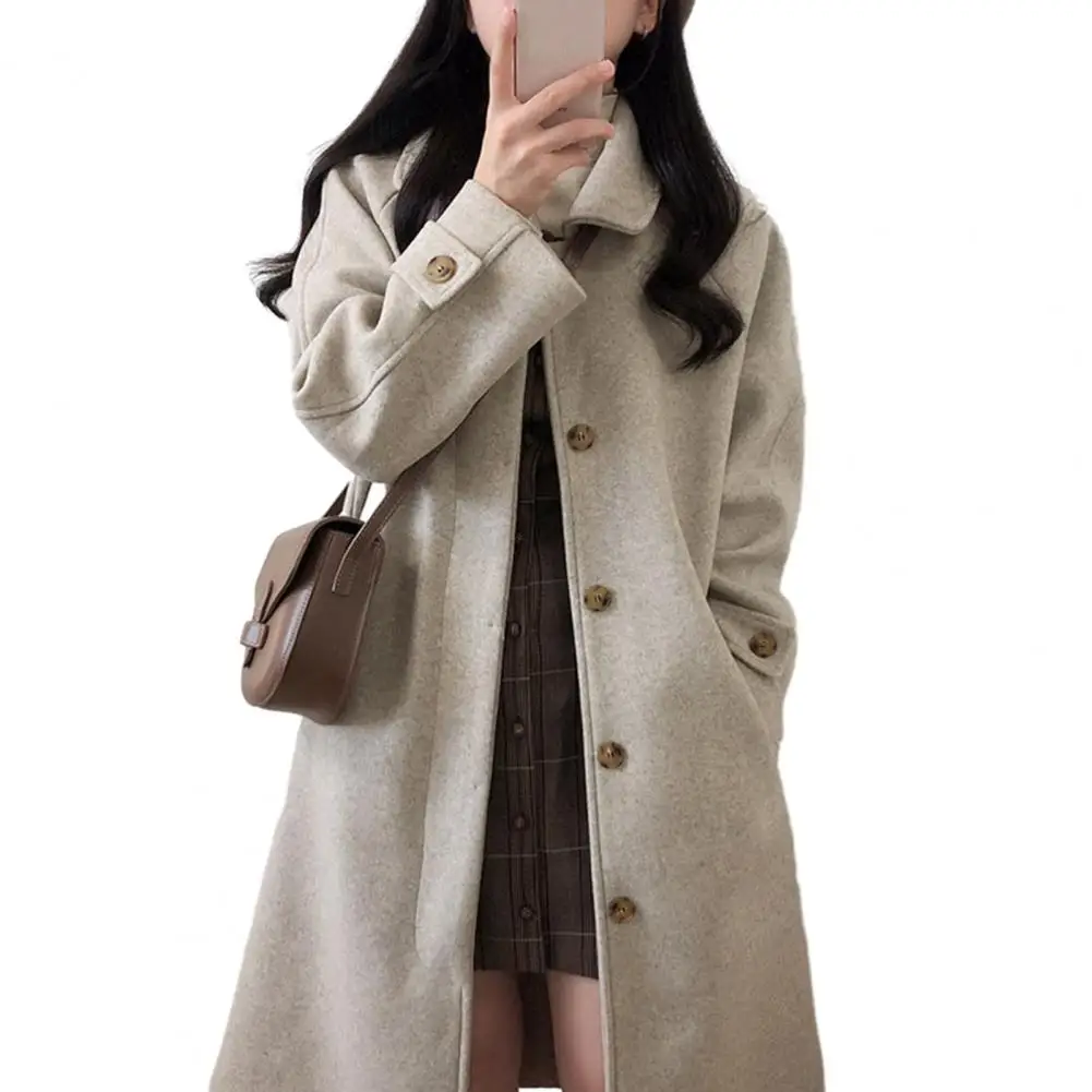 

Fall Winter Women Overcoat Turn-down Collar Wool Blend Loose Mid Length Warm Thick Lady Mid-calf Length Long Coat